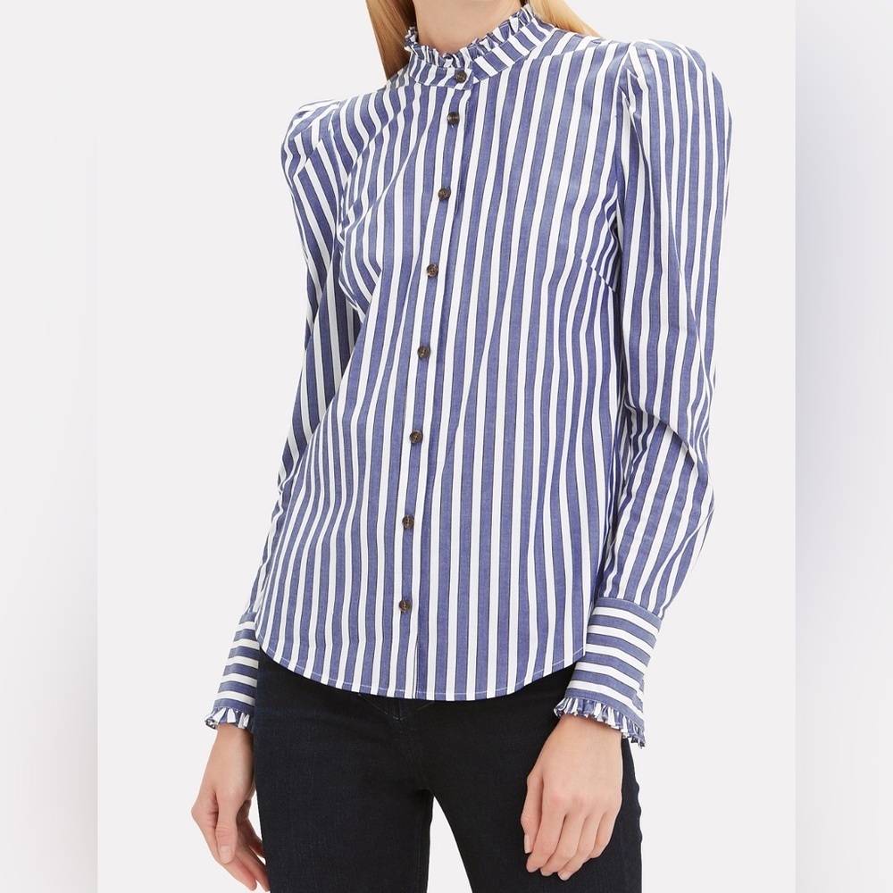 Veronica Beard Holli  Striped Ruffled Shirt Blouse Size 2 White and Blue